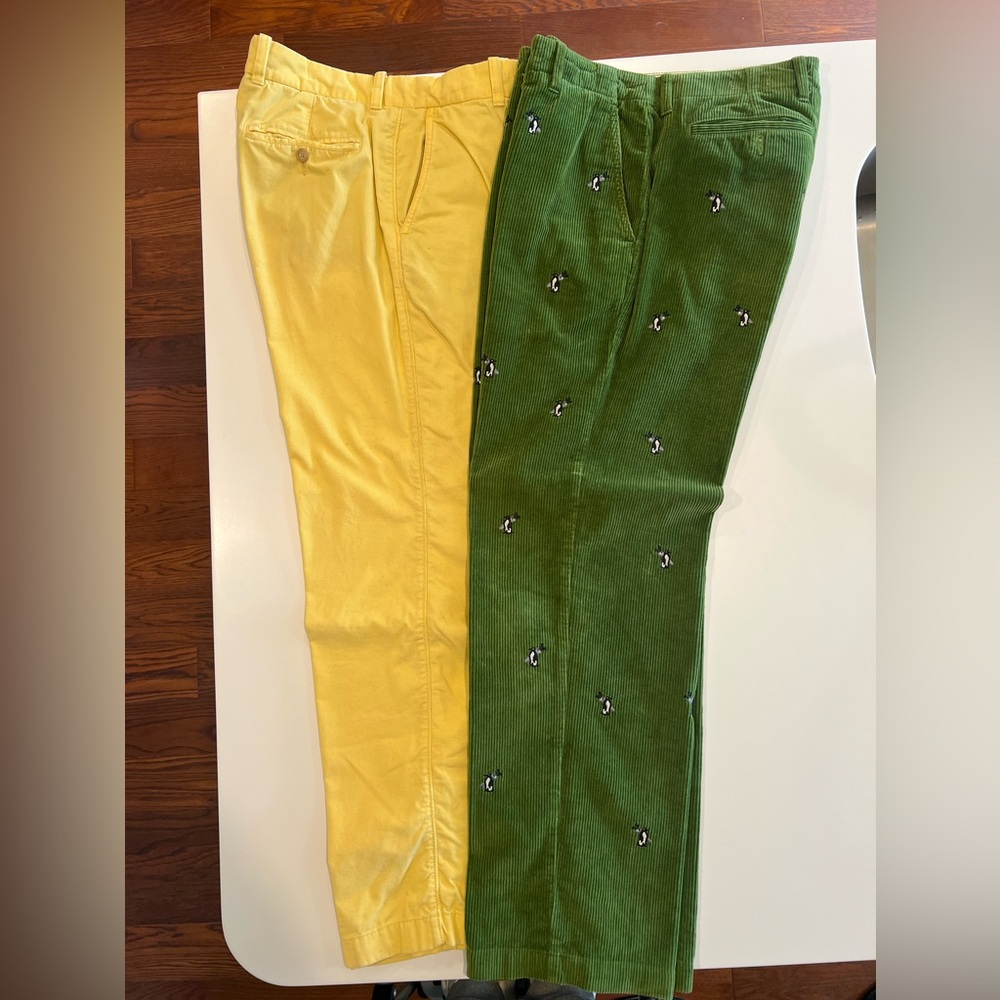 TWO PANTS: Men’s J Crew Corduroy GREEN and YELLOW. 32-32 and 33-32